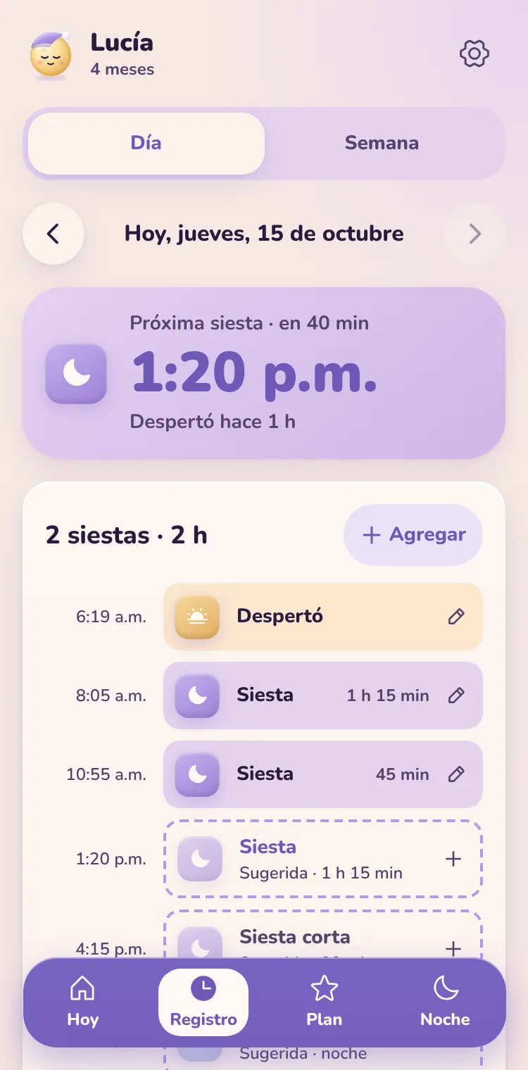 Pantalla Registro: el día de Lucía en bloques de color, con las siestas registradas y las sugeridas